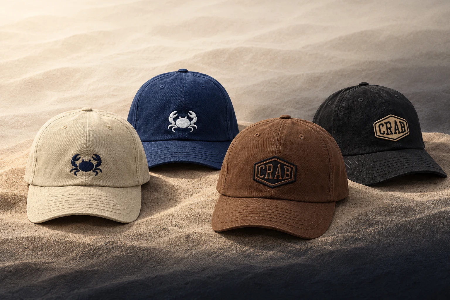 Os quatro bonés da coleção Caraíva 2026 sobre uma superfície de areia