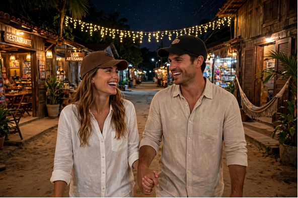 Casal usando bonés CRAB IT em uma vila litorânea à noite