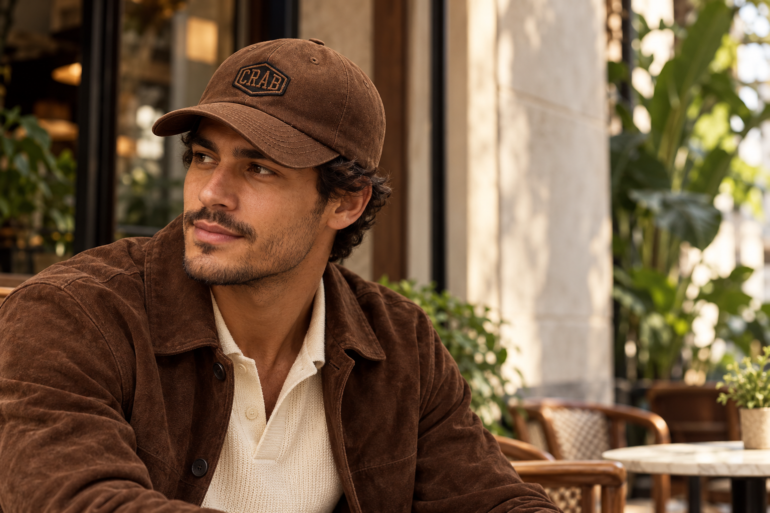 Homem usando o dad hat marrom CRAB em um café contemporâneo